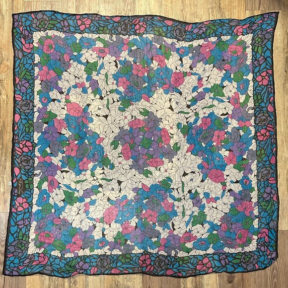 Multicolor Silk Scarf, Square 42x42 Inch, Floral Design - Picture 2 of 4